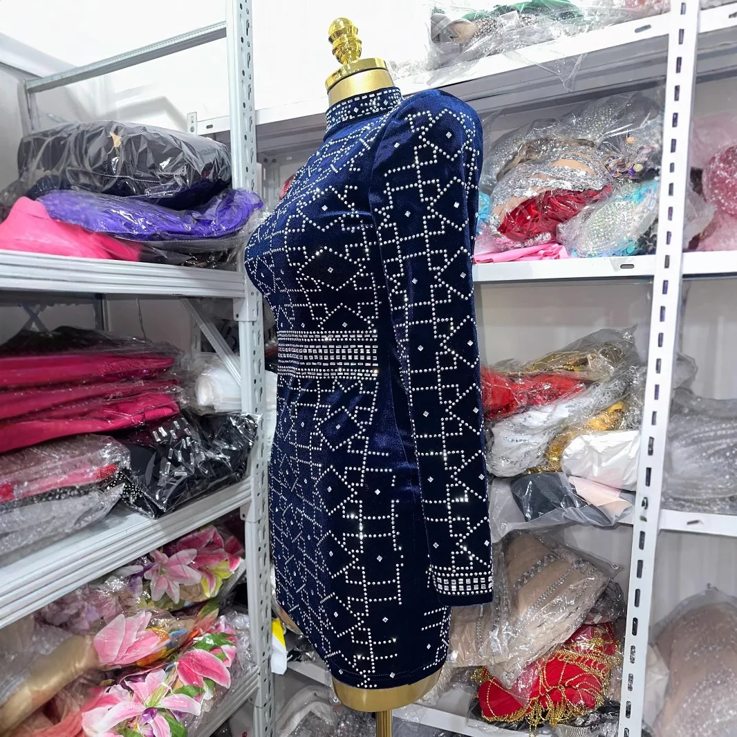 Femmes élégant luxe bleu Royal velours perles à manches longues perles moulante Mini robe haute rue bureau dames robes quotidiennes