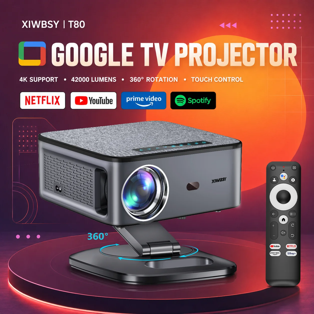XIWBSY T08 Plus Offizieller Google TV Projektor mit 360°-Funktion °   Drehbarer Ständer, 3200 ANSI Native 1080P, 4K-Unterstützung, Autofokus, automatische Trapezkorrektur, WiFi 6, Bluetooth 5.4,