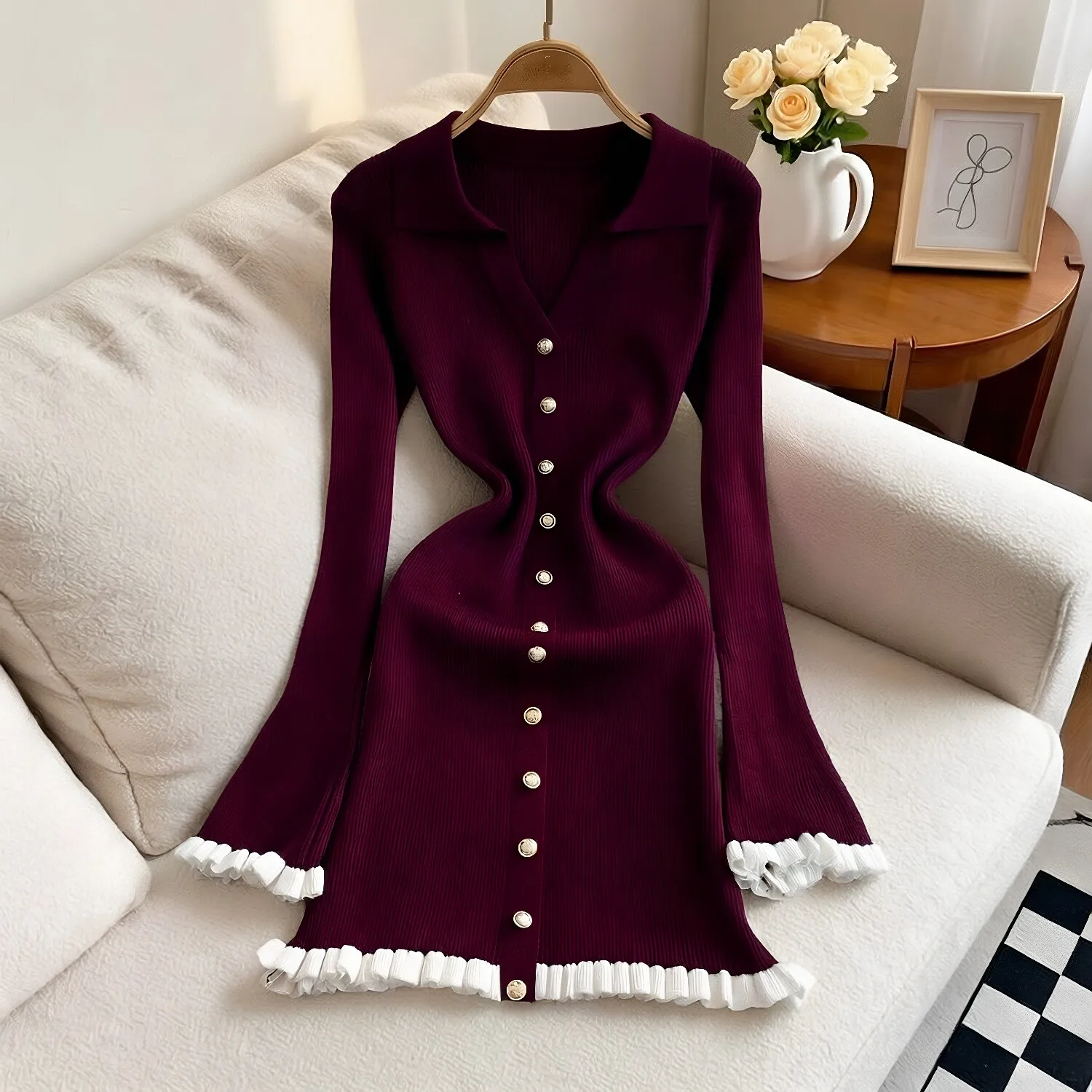 YuooMuoo Schickes Modisches Sexy Figurbetontes Strick-Minikleid 2026 Herbst Winter Vintage Gerüschtes Hemdkleid Damen Party Vestidos – Detail 13