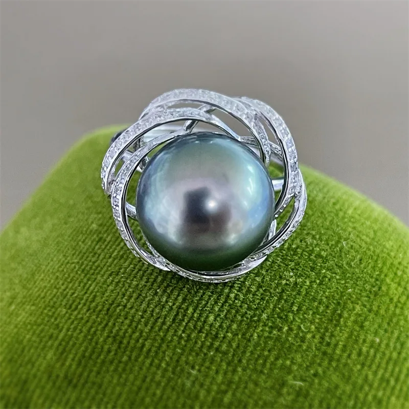

Designer HUGE AAAA+ 12-13mm natural Tahitian Black Round pearl Ring 925 Silver
