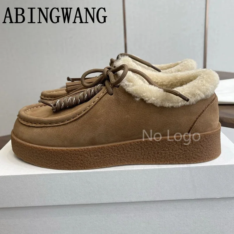 2025 Autumn Winter New Suede Leather Flats Shoes for Women Lace Up Round Toe Thick Sole Inside Fur Runway Ladies Warm Shoes