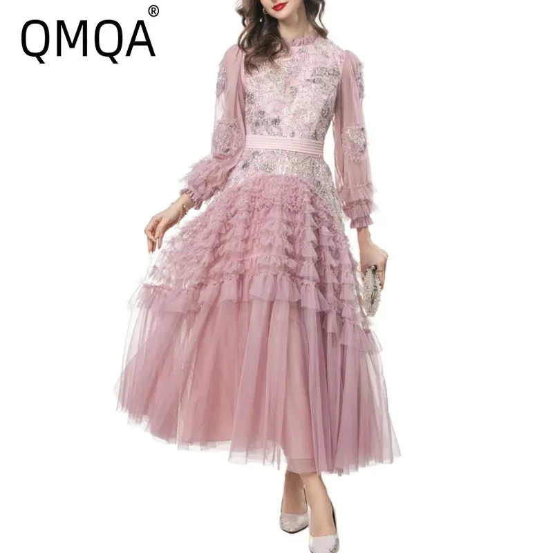 

QMQA Fashion Women's Banquet Dress Sequins Beads Spliced Embroidery High Waist Mesh Big Swing Dresses 2025 Spring New QM337