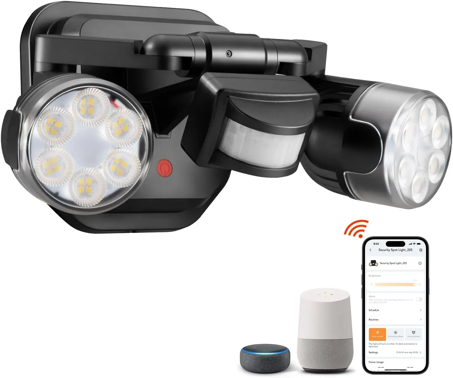 

Умный Wi-Fi прожектор с датчиком движения, 450 ° Регулируемый светодиодный светильник безопасности 1600 лм для наружного освещения дома, черный, с проводным подключением