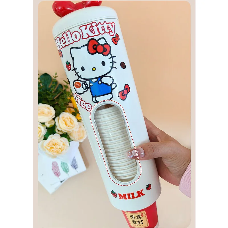 مرحبا كيتي لطيف حامل الكأس القابل للتصرف التلقائي كأس المنتقى الحائط تخزين الرف لا اللكم الغبار واقية ورقة كوب المنظم #5