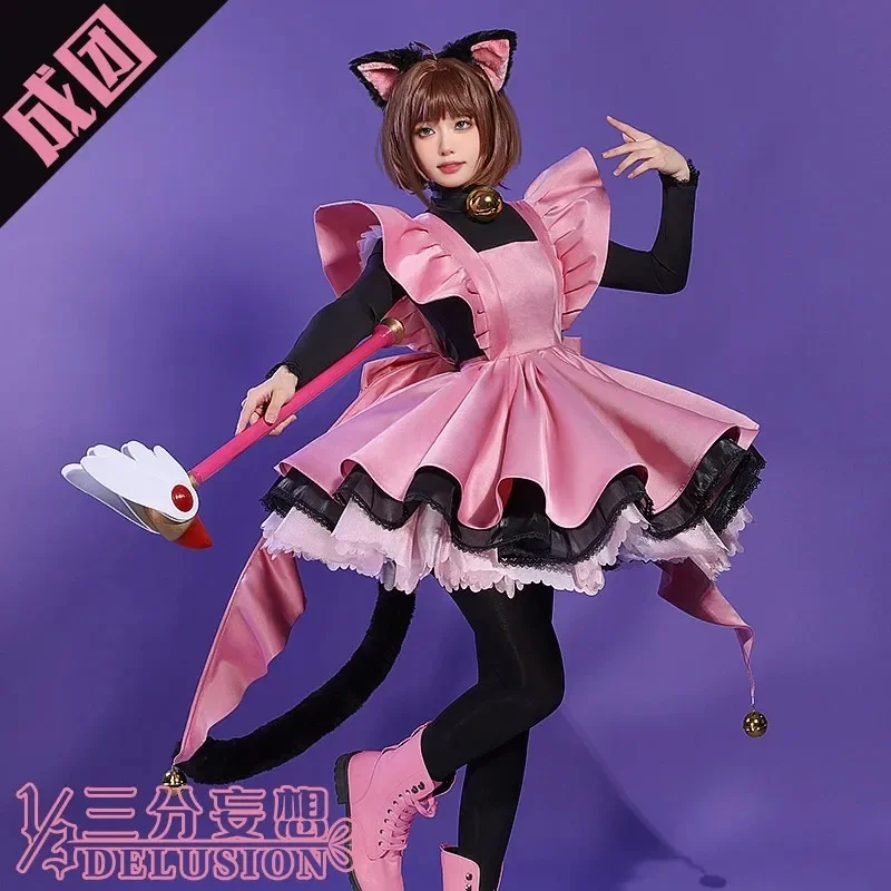 Disfraz de Anime THE THUNDER Black Cat Sakura Kinomoto para niñas, vestido Lolita rosa encantador, uniforme de Halloween