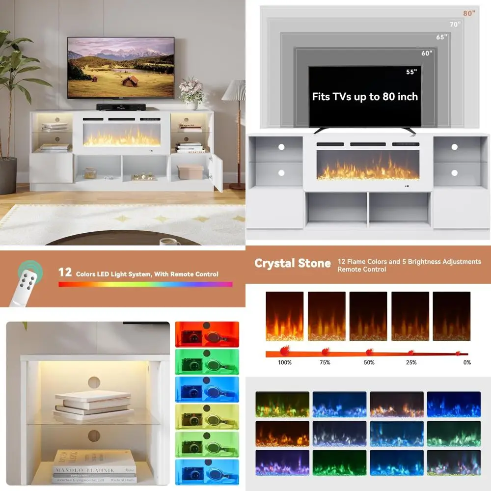 مركز ترفيهي حديث مع 36 مدفأة و6 أرفف وخزائن لأجهزة التلفاز حتى 80 - حامل تلفزيون أنيق للمسرح المنزلي