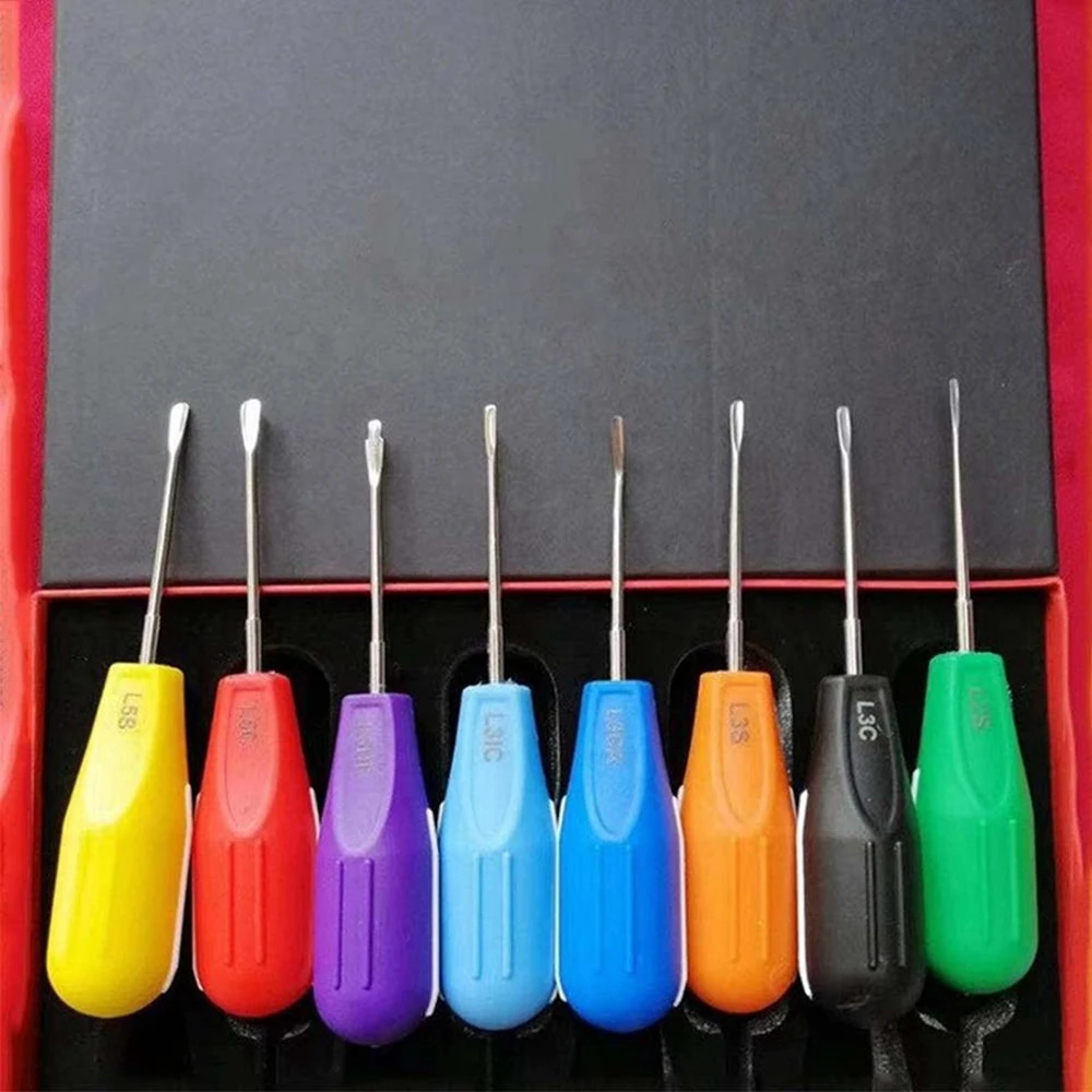 8Pcs Dental Luxating Lift Aufzüge Clareador Gebogene Wurzel Zahnarzt Dental Chirurgische Instrument Mit Kunststoff Griff Farbe