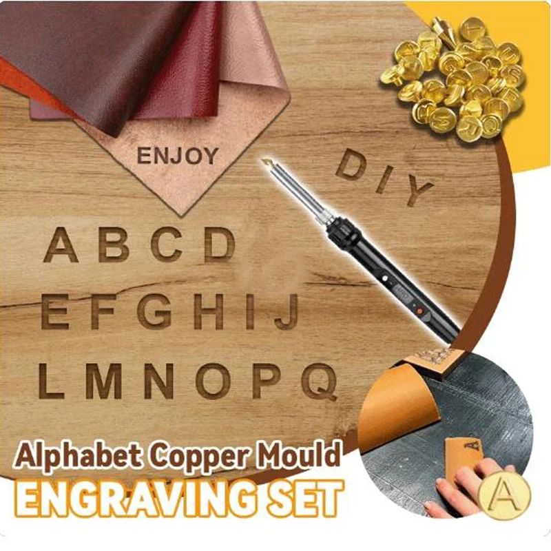 Diy Wood Leather Burning Set and 26 Letters Copper Mold Carving Pyrography Pen Tips Stencil Soldering Iron Wood Burning Tool