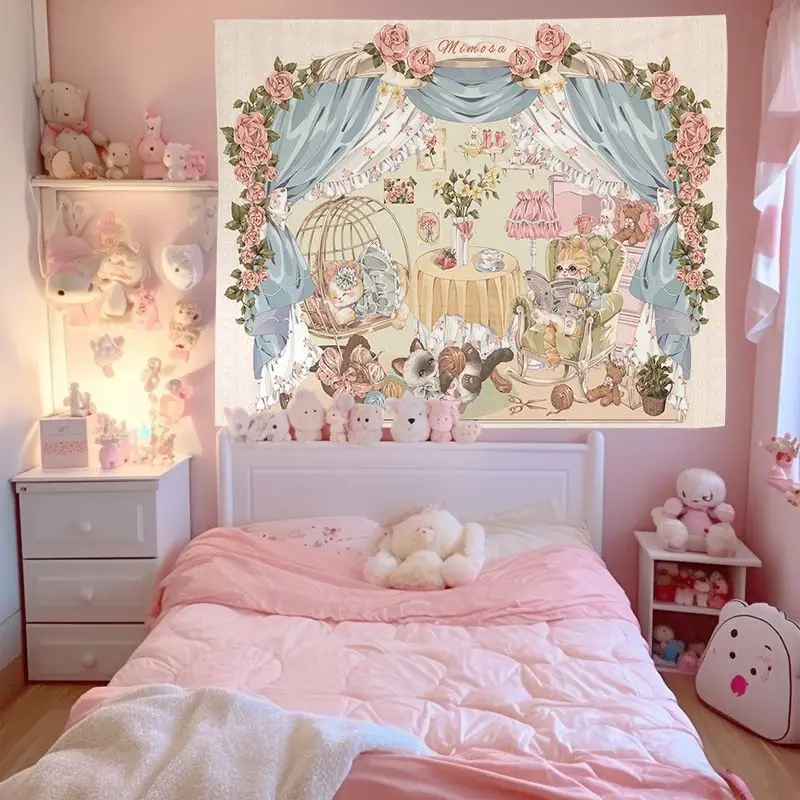 VIKAMA Japanese Soft Cute Cartoon Tapestry, Kawaii Girl Sweet Wind Wall Hanging, Aesthetic Children's Room Home Decor