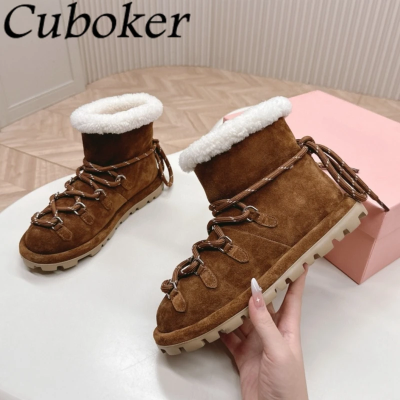 

2024 Winter Suede Leather Lace Up Snow Boots For Women Round Toe Thick Sole Fur Boots Female Comfort Warm Wool Short Botas Mujer