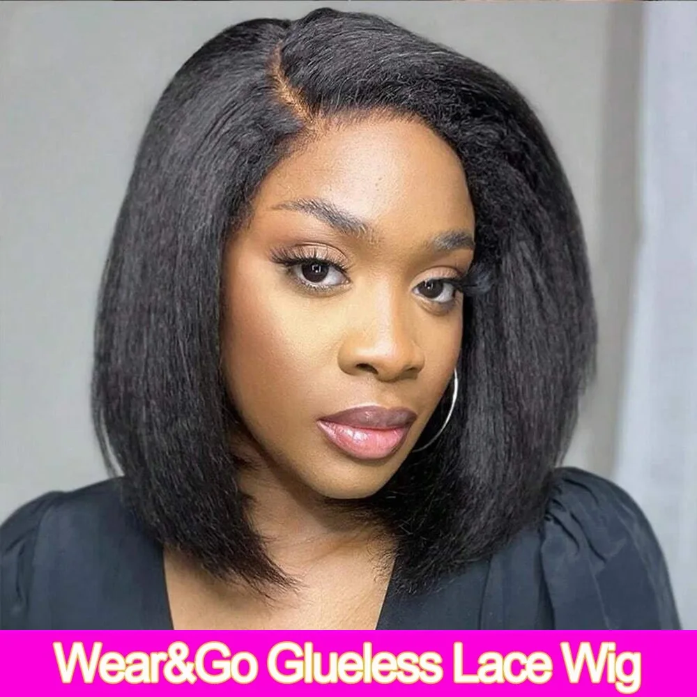 

Yaki Straight Bob Human Hair Glueless Wig 6x4 Glueless Wigs Human Hair Pre Plucked Pre Cut Bleached Knots Wig 180 Density