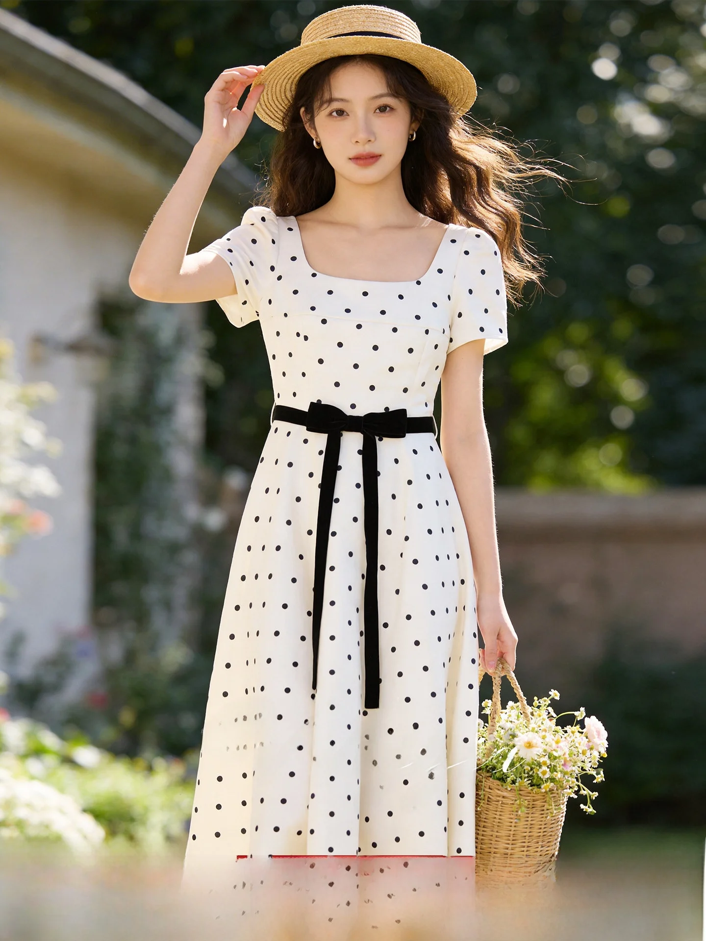 

Summer New Women's Dress High Waist Belted Short Sleeve Polka Dot Square Collar Gown French Style A-Line Polyester Fiber