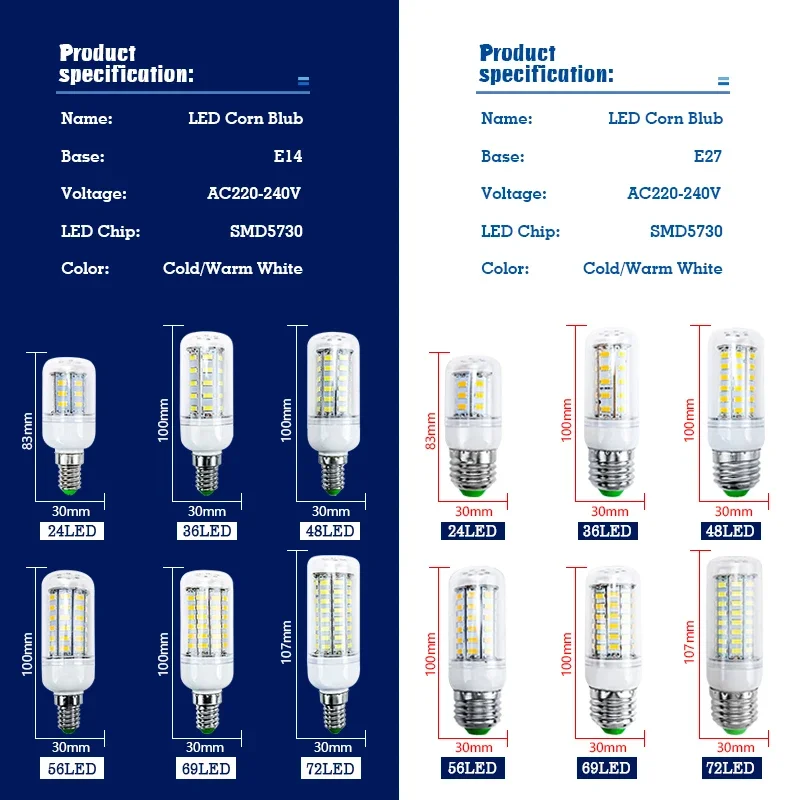 LEDキャンドル電球,10個,220V, 24, 36, 48, 56, 69, 72LED,5730 SMD,シャンデリア照明,e27,e14