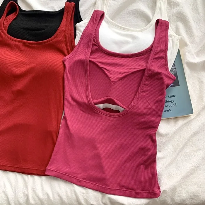 Red Backless Strap Vest Women's Tight Elastic Sports Top with Chest Pad Short Wrap Chest Small Shirt Casual Style Cotton Poly...