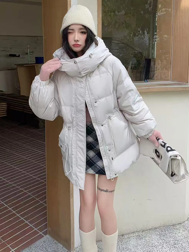 

Winter Puff Mid Length Hooded Down Jacket Women White Duck Down Zipper Solid Parker Outwears Female Thicken Warm Fluffy Jackets