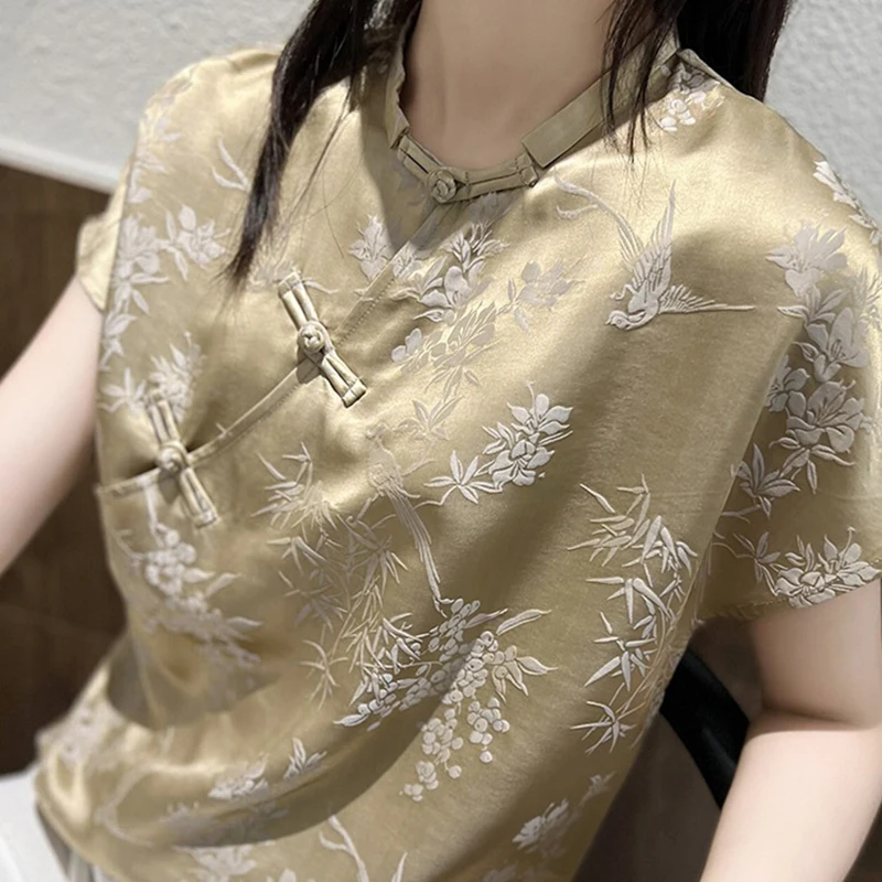 Vintage Artificial Silk Shirt Women\'s Short Sleeve Jacquard Buckle Top Chinese Style Blouse Summer Temperament Women\'s Clothing