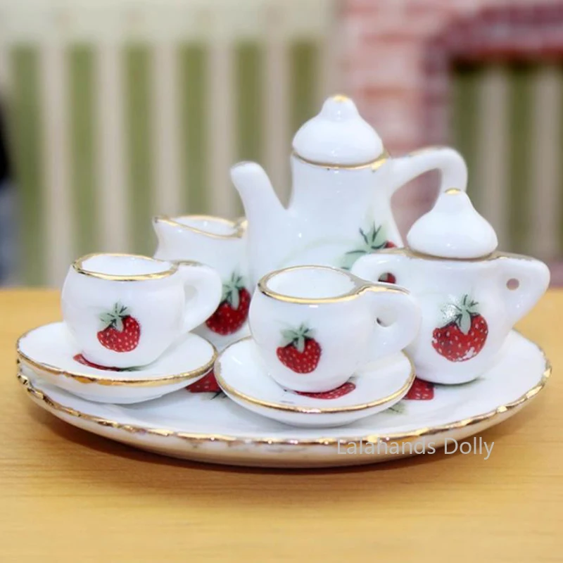 Mini set da tè in ceramica per casa delle bambole Tazza da tè Mini modello di scena di gioco con il cibo per la casa delle bambole Articoli da cucina in miniatura Accessori per mobili