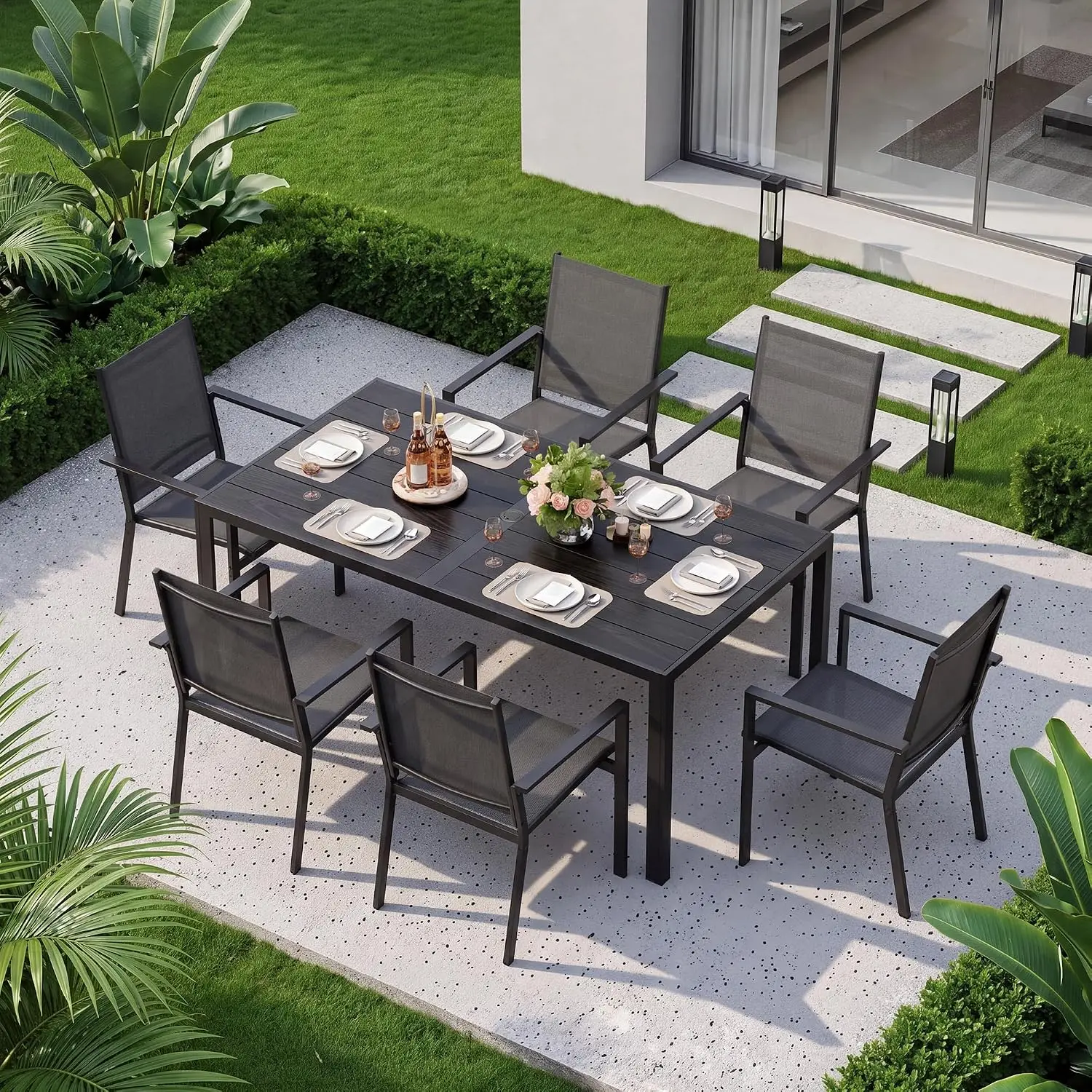 6-Piece Patio Dining Set for 6, 59" Black Metal Table with Umbrella Hole & 6 Textilene Chairs, Outdoor Garden Backyard Furniture