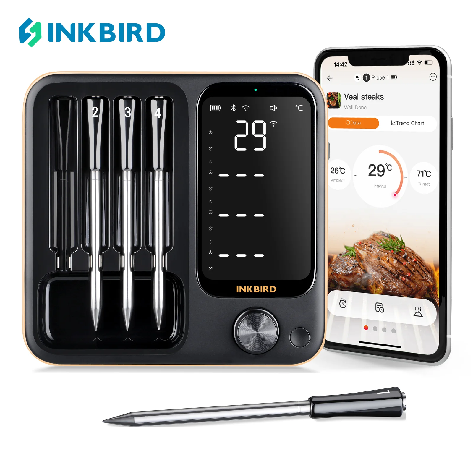 INKBIRD INT-14-BW Three-Mode Wireless BBQ Thermometer with 4 Probes IP67 Waterproof WiFi Bluetooth Meat Thermometer for BBQ Oven