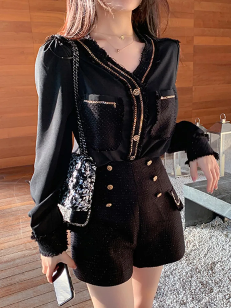 Korean Fashion Streetwear Tweed 2 Piece Set Women Long Sleeve Shirt Blouse Tops + Shorts Sets Vintage Two Piece Pant Suits