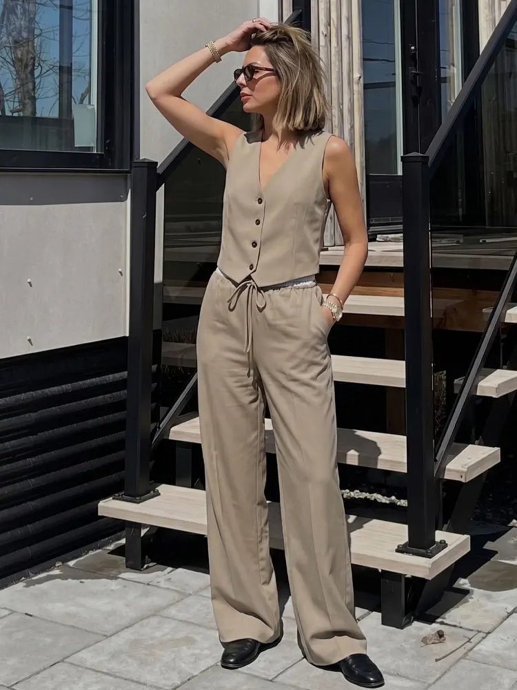 HH Eleganter Lässiger Damen-Hosenanzug in Braun, Sommer Ärmellose V-Ausschnitt Einreihige Weste, Weite Hosen, Streetwear-Set