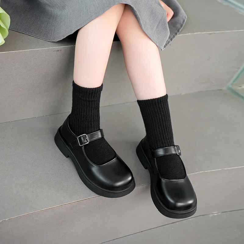 2024 New Black Girls Loafers for School Uniform Simple Round-toe Non-slip Round-toe Kids Versatile Soft Leather Shoes Children