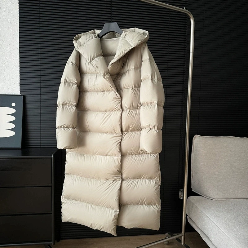 2025 invierno nuevo abrigo con capucha de plumón de pato blanco chaqueta de plumas gruesa y esponjosa coreana para mujer abrigo largo a prueba de viento para mujer