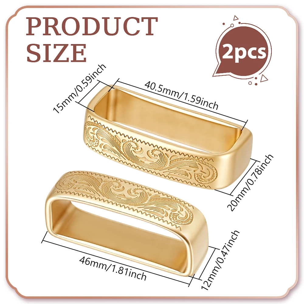 2Pcs Brass Belt Keeper Rings for Men's Belt Buckle Accessories Rectangle with Flower Pattern Golden