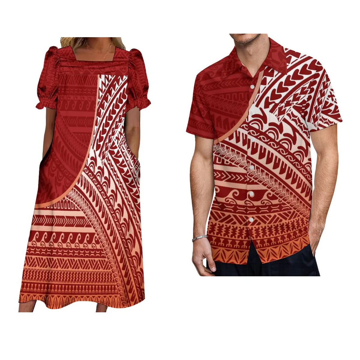 Micronesian Island-Style Women Mumu New Pocket Design Dress Men'S Casual Shirt High Quality Fabric Banquet Couple Set