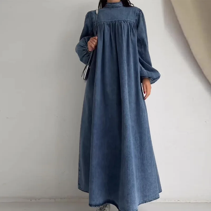 Autumn New Round Neck Solid Color Loose Casual Long-sleeved Denim Dress for Women