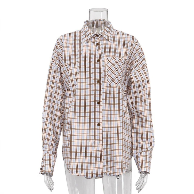 Commuter donna autunno nuova camicia a quadri a maniche lunghe stile retrò Versatile risvolto sciolto ShirtWlj