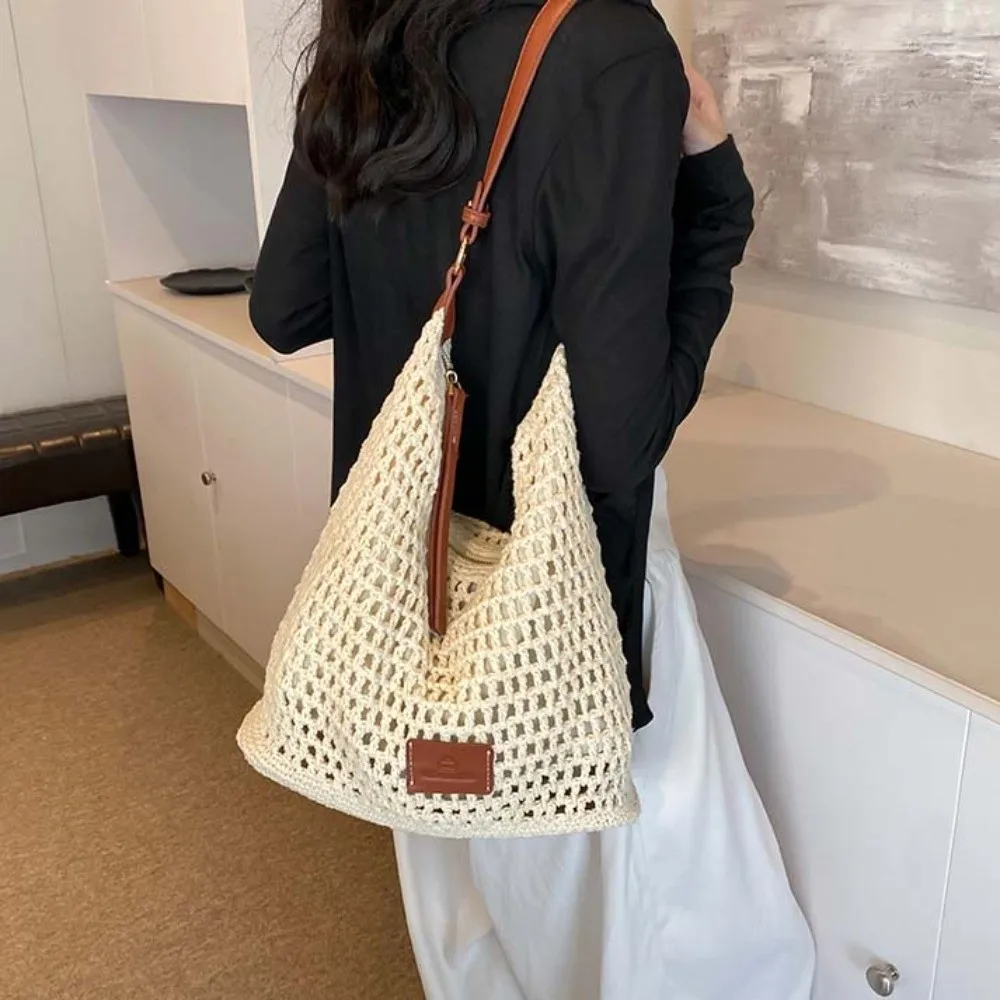 

Large Capacity Crochet Tote Bag Lightweight PU Strap Hollow Woven Bag Polyester Korean Style Knitting Handbag Storage