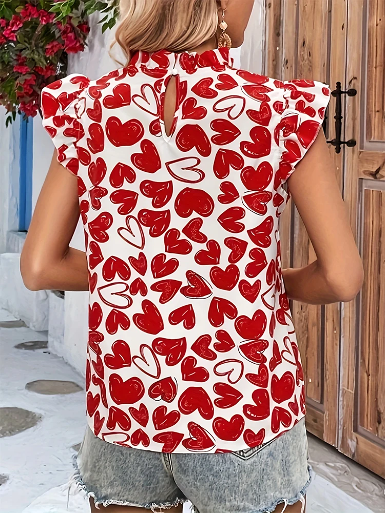 قميص أنيق مزين بكشكشة مطبوعة على شكل قلب، قميص عصري للربيع والصيف، قميص أنيق لعيد الحب