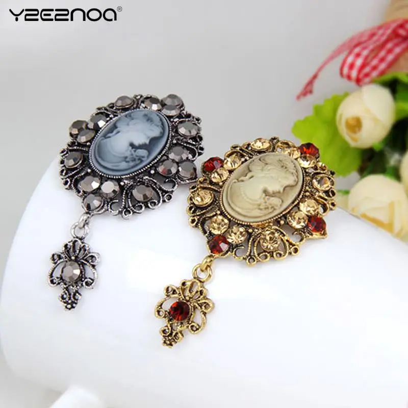 Elegant Style Vintage Victorian Design Queen's Cameo Brooch Pins Crystal Rhinestones Cameo Vintage Brooch Pins for Women