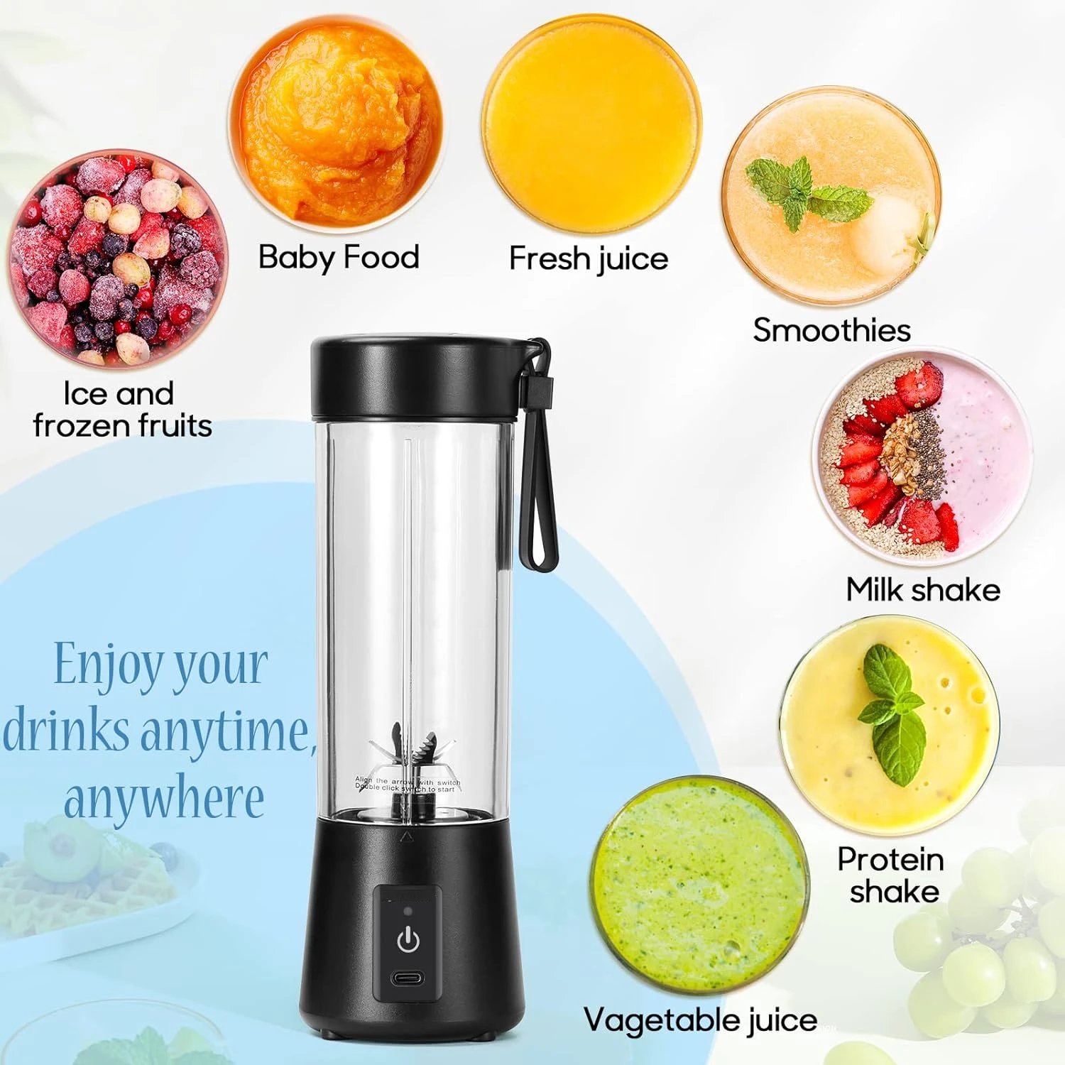 Compact Portable 4000mAh Personal Blender for Shakes and Smoothies - USB Rechargeable Mini Blender with 6 Blades and Blender Bot