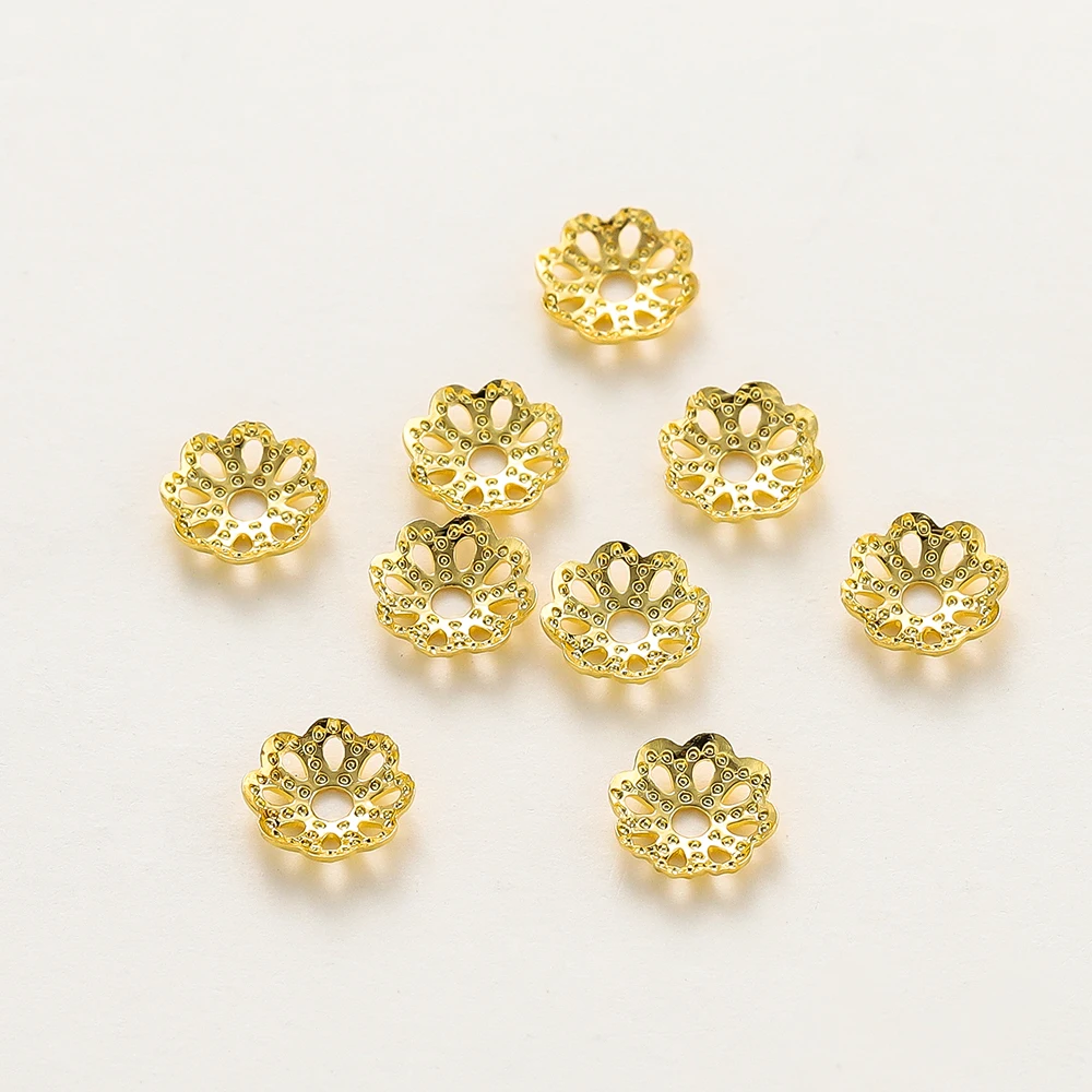 50Pcs 5/6/8mm 14K/18K Gold Plated Brass Hollow Flower Beads Caps End Beads Cap Filigree for DIY Jewelry Findings Making Supplies