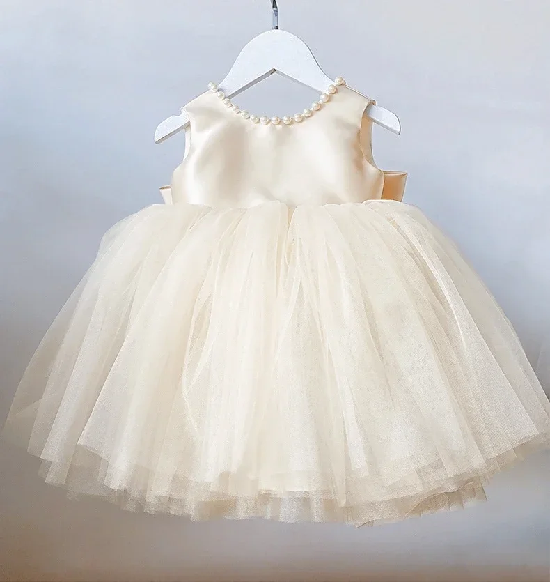 Baby Girl Dress Backless Beads Bow Baptism Dress for Princess 1st Birthday Party Wedding Gown 2024 New Baby Christening Clothing