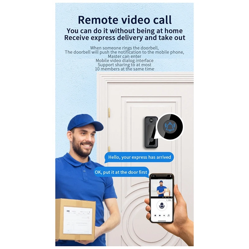 Дверной звонок с визуальным звонком, умный видеодомофон с 125 °   Широкоугольное HD-видео ночного видения поддерживает облачное хранилище