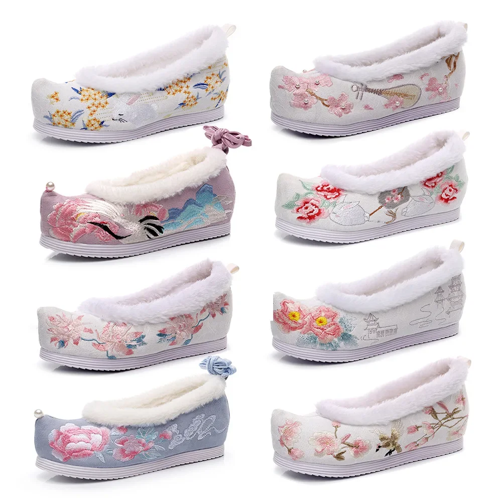 Bow Hanfu Shoes Antique Women's Embroidered Cloth Shoes Inner Height-increasing Antique Cloth Shoes for Students