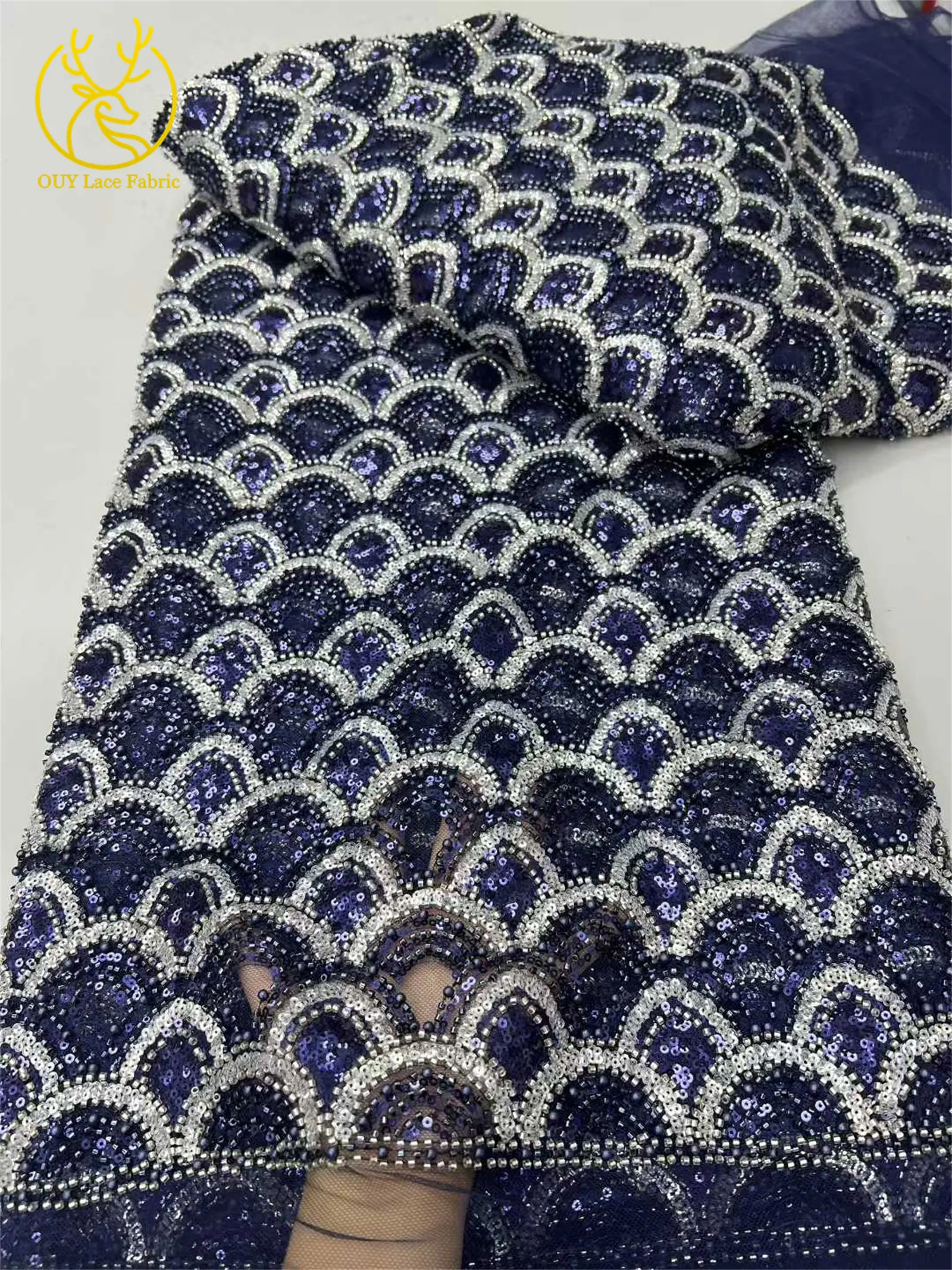 エメラルド高級アフリカビーズレース生地 20255 最新ナイジェリアフレンチスパンコールチュールレース生地 パーティードレス縫製用 5ヤード