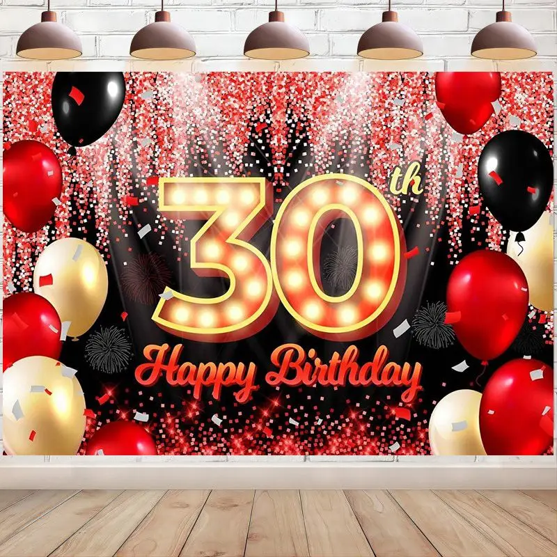 Happy 30th Birthday Backdrop Banner Black Red Background Neon Shiny Fashion Birthday Party hotography Background for Men Women