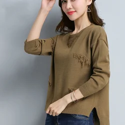 Moda primavera autunno nuove donne lavorate a maglia maglione diviso Versatile coreano O-collare sciolto ufficio Casual a coda di rondine Design Lady Top