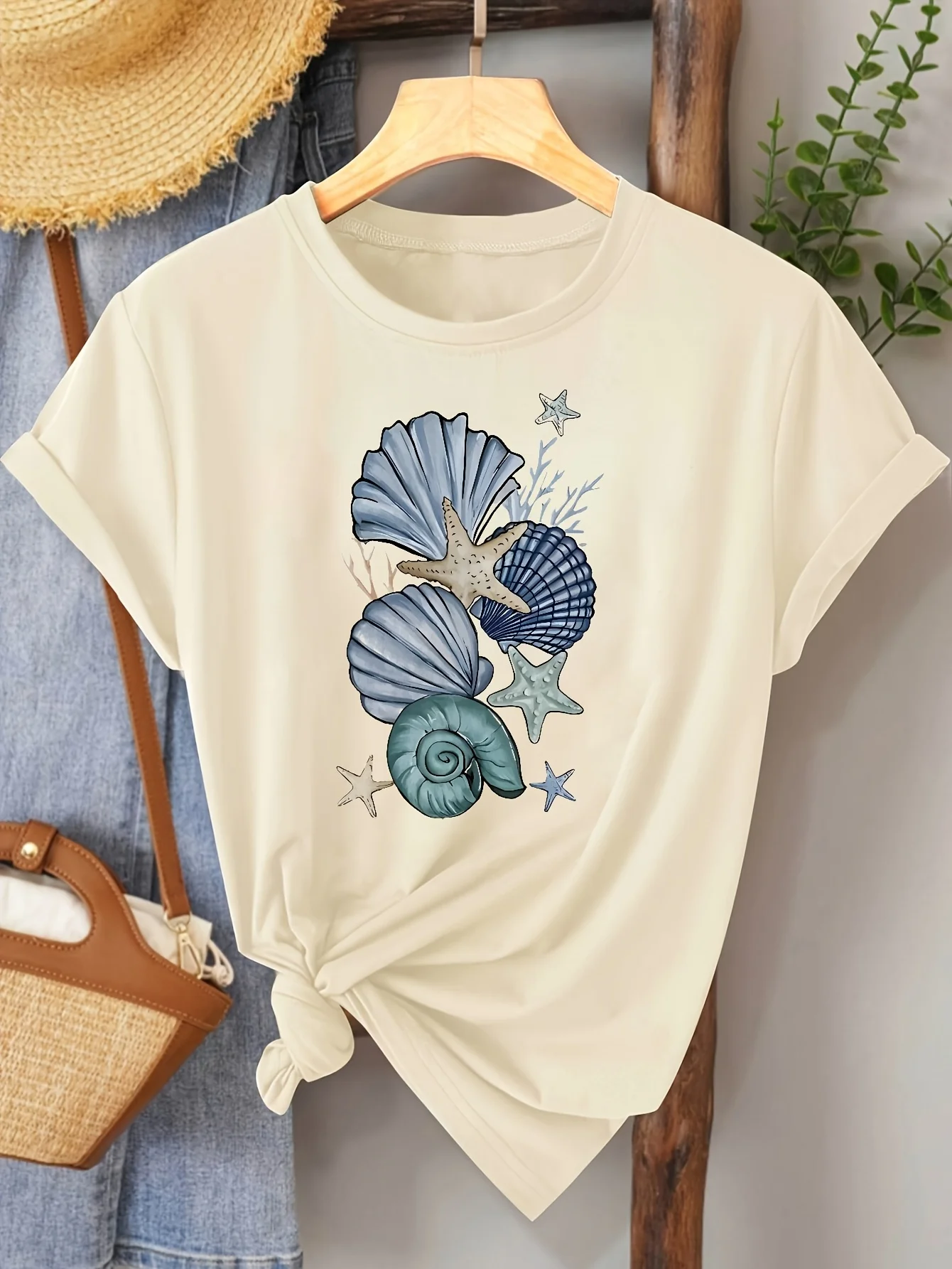 Feminino casual manga curta com concha estrela do mar impressão gráfica harajuku manga curta casual camiseta feminina roupas de rua