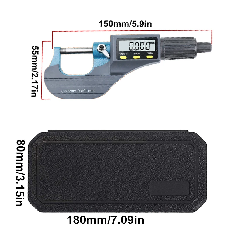 0-25mm 0.001mm Electronic Outside Micrometer Carbide Tip Measure Tools Caliper Gauge Digital Micromaster Micrometer three-button