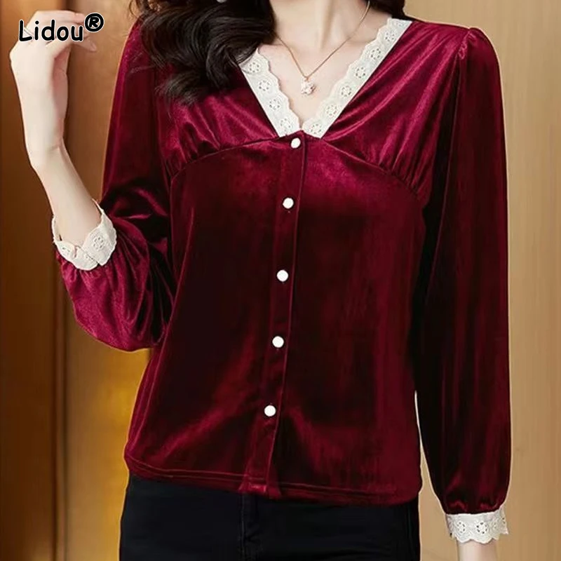 Temperament Skinny Premium V-neck Button Patchwork Ruffles Autumn Winter Thin Casual Solid Vintage Women's Clothing Dignified