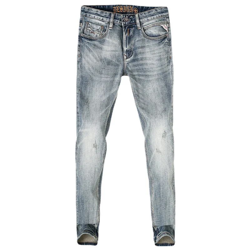 Newly Designer Fashion Men Jeans High Quality Retro Gray Blue Elastic Slim Ripped Jeans Men Italian Style Vintage Denim Pants
