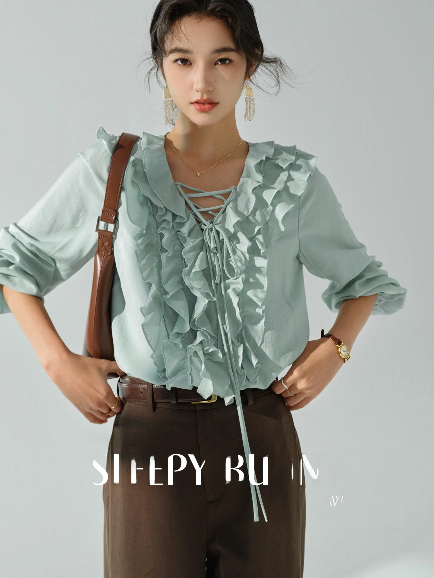 

bunny Women's Loose V-ne Chiffon irt Bowtie Lace Trim Sweet Youthful Sle Autumn Faion French Sle irt