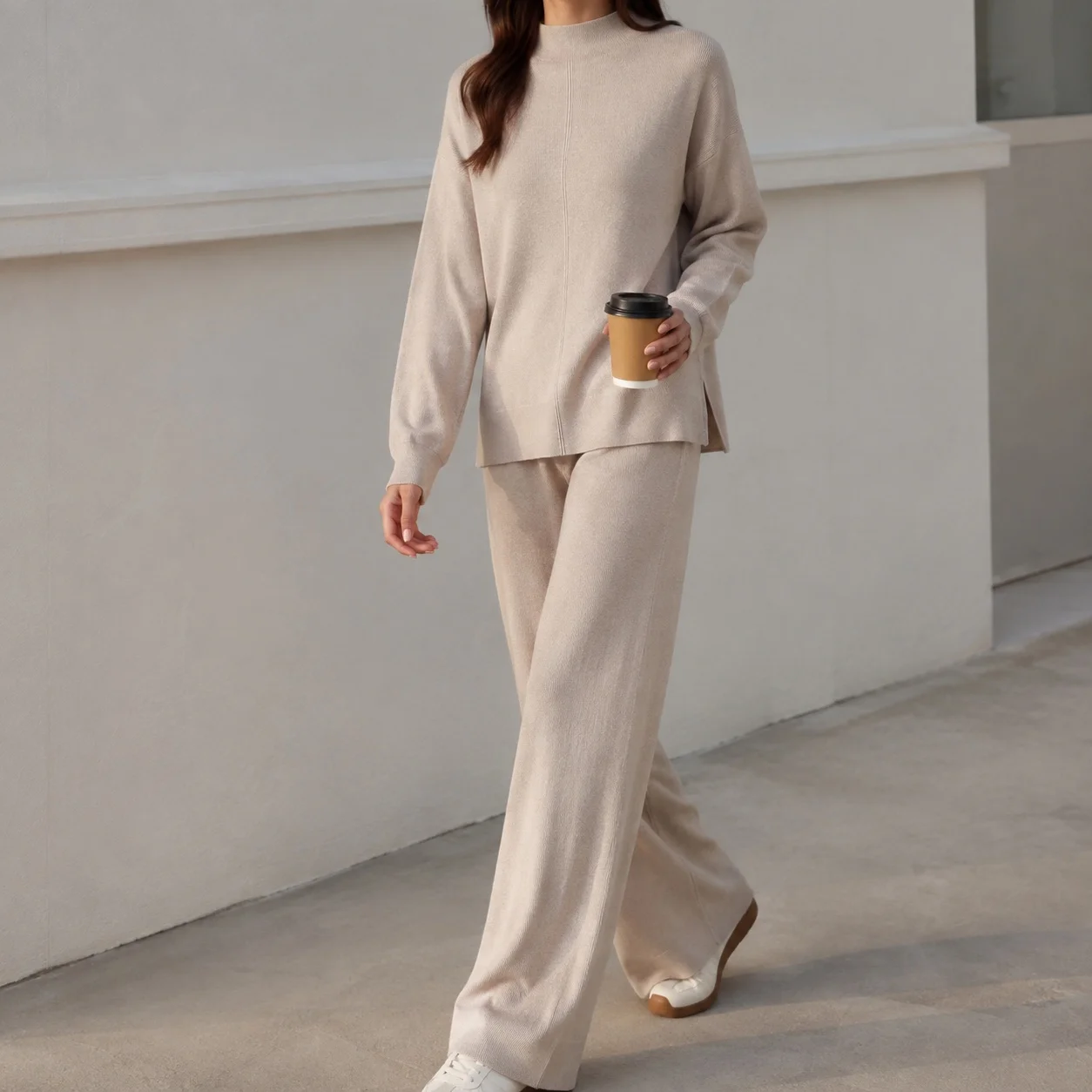 Casual Side Slit Set with Full Length Elegant Women Sets Sweater Top Regular Sleeve Spring Autumn Winter Full Length Pants