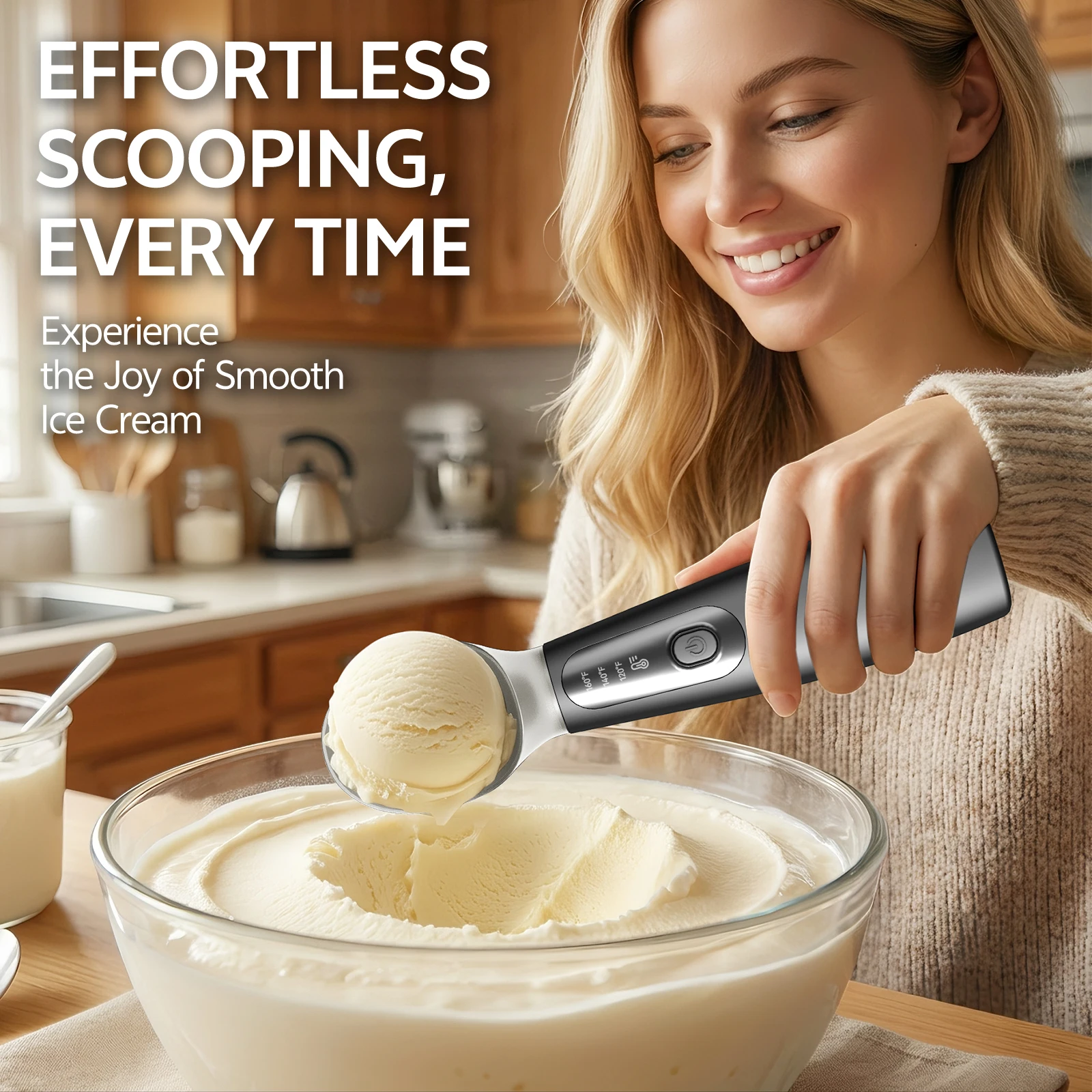 Electric Heated Ice Cream Scoop Smart Temp Control 2600mAh Rechargeable Anti-Freeze Gelato Spoon for Hard Desserts Gift