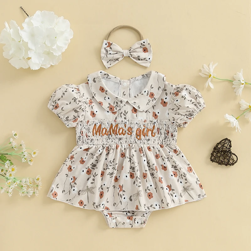

0-24 Months Baby Girls Romper Dress Short Sleeve Doll Collar Floral Embroidery Letters Bodysuit Clothes for Daily Party